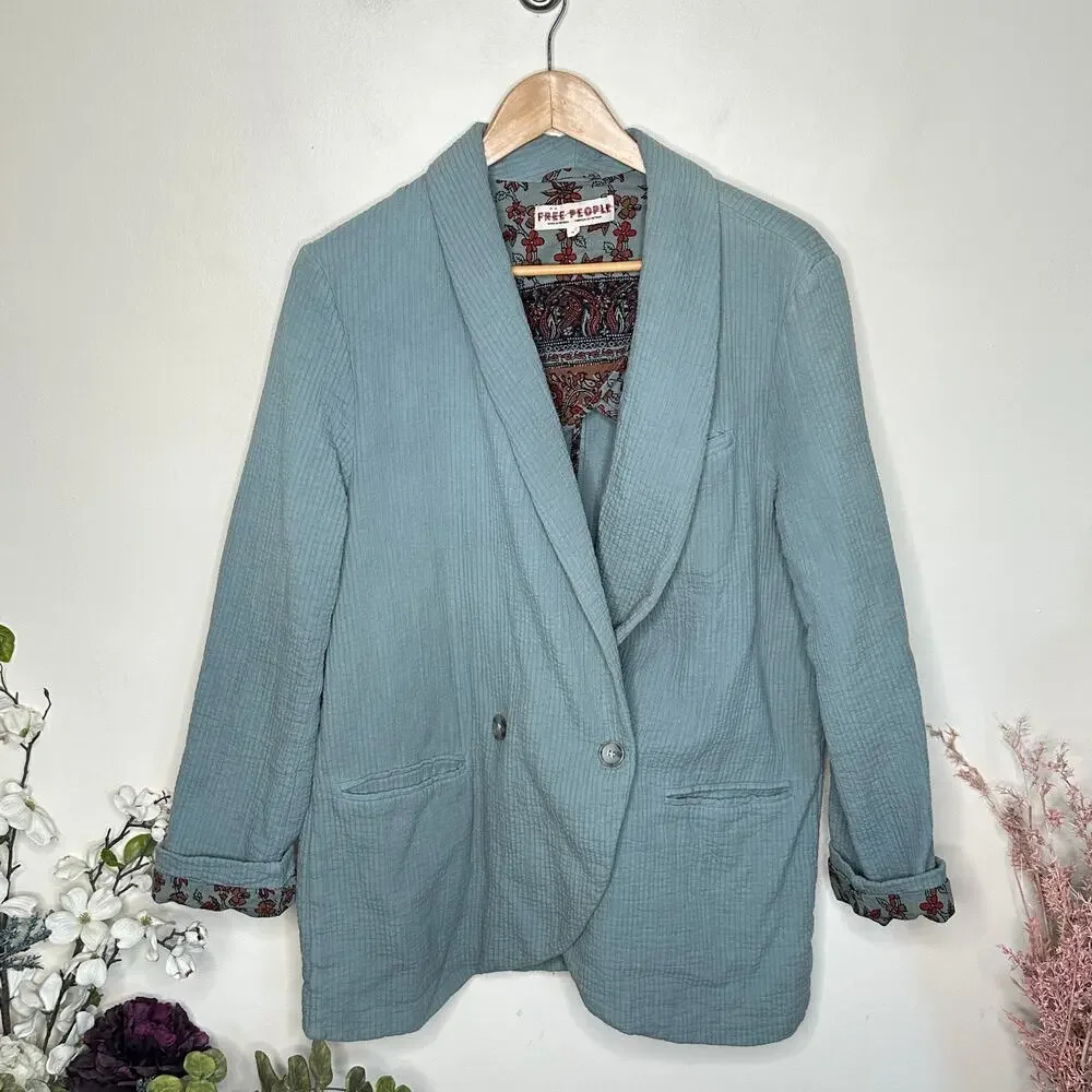 FREE PEOPLE Rowan Double Breasted Gauze Oversized Blazer Sage Blue Sz M {P28}